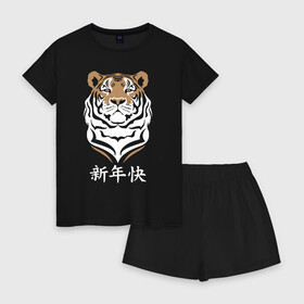 Женская пижама с шортиками хлопок с принтом С Новым 2022 годом Китайский тигр в Тюмени, 100% хлопок | футболка прямого кроя, шорты свободные с широкой мягкой резинкой | 2022 | beast | chinese characters | chinese zodiac | head | muzzle | new year | predator | stern look | tiger | year of the tiger | год тигра | голова | зверь | китайские иероглифы | новый год | по китайскому гороскопу | суровый взгляд | тигр | хи