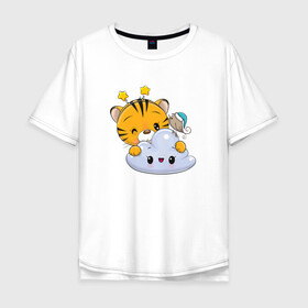 Мужская футболка хлопок Oversize с принтом Тигренок с облачком в Тюмени, 100% хлопок | свободный крой, круглый ворот, “спинка” длиннее передней части | Тематика изображения на принте: 2022 | год тигра | новый год | новый год 2022 | символ года | тигр | тигренок | тигрица | тигры