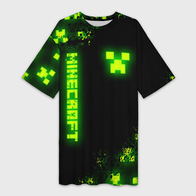 Платье-футболка 3D с принтом MINECRAFT NEON LOGO CREEPER в Тюмени,  |  | block | creeper | cube | minecraft | pixel | tnt | toxic | блок | гаст | геометрия | крафт | крипер | кубики | майнкрафт | неон | пиксели | тнт | токсик