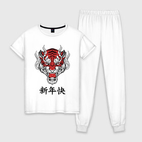 Женская пижама хлопок с принтом Красный тигр   дракон 2022 в Тюмени, 100% хлопок | брюки и футболка прямого кроя, без карманов, на брюках мягкая резинка на поясе и по низу штанин | Тематика изображения на принте: 2022 | beast | chinese characters | chinese zodiac | dragon | head | muzzle | new year | predator | red tiger | stern look | year of the tiger | год тигра | голова | дракон | зверь | китайские иероглифы | красный тигр | новый год | по китайскому г