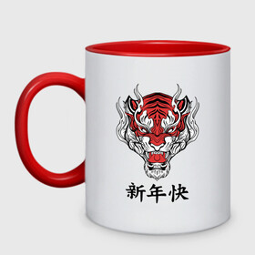 Кружка двухцветная с принтом Красный тигр   дракон 2022 в Тюмени, керамика | объем — 330 мл, диаметр — 80 мм. Цветная ручка и кайма сверху, в некоторых цветах — вся внутренняя часть | Тематика изображения на принте: 2022 | beast | chinese characters | chinese zodiac | dragon | head | muzzle | new year | predator | red tiger | stern look | year of the tiger | год тигра | голова | дракон | зверь | китайские иероглифы | красный тигр | новый год | по китайскому г