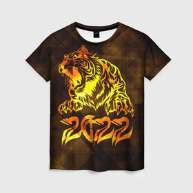 Женская футболка 3D с принтом Хищник Тигр 2022 в Тюмени, 100% полиэфир ( синтетическое хлопкоподобное полотно) | прямой крой, круглый вырез горловины, длина до линии бедер | 2022 | tiger | восточный тигр | год тигра | кошка | тигр | тигренок | хищник