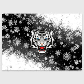 Поздравительная открытка с принтом НОВОГОДНИЙ БЕЛЫЙ ТИГР 2022 в Тюмени, 100% бумага | плотность бумаги 280 г/м2, матовая, на обратной стороне линовка и место для марки
 | 2022 | beast | merry christmas | new year | red bow | santa hat | snow | tiger | winter | winter is coming | year of the tiger | год тигра | дед мороз | животные | звери | зверь | зима | зима 2022 | зима близко | новог | новогодни