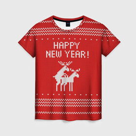 Женская футболка 3D с принтом Свитер   вязаные олени в Тюмени, 100% полиэфир ( синтетическое хлопкоподобное полотно) | прямой крой, круглый вырез горловины, длина до линии бедер | christmas | holiday | knitted deer | love | new year | ornament | pattern | red sweater | вязаные олени | красный свитер | любовь | новый год | орнамент | праздник | рождество | узор