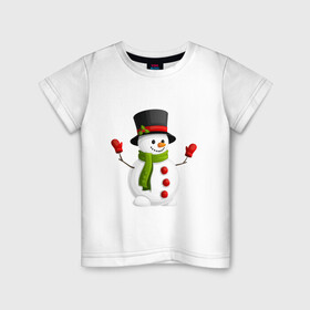 Детская футболка хлопок с принтом Новогодний снеговик с перчатками в Тюмени, 100% хлопок | круглый вырез горловины, полуприлегающий силуэт, длина до линии бедер | Тематика изображения на принте: 2022 | new year | новогодний снеговик | новый год | перчатки | снеговик