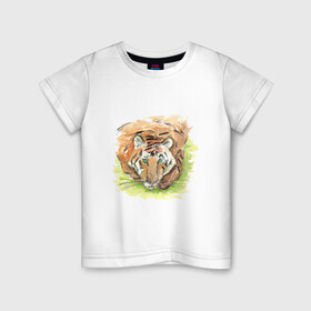 Детская футболка хлопок с принтом Портрет тигра с зелёными глазами в Тюмени, 100% хлопок | круглый вырез горловины, полуприлегающий силуэт, длина до линии бедер | 2022 | глаза | животное | зверь | китайский календарь | кошка | новый год | оранжевый | полоски | символ года | тигр | хищник