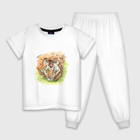Детская пижама хлопок с принтом Портрет тигра с зелёными глазами в Тюмени, 100% хлопок |  брюки и футболка прямого кроя, без карманов, на брюках мягкая резинка на поясе и по низу штанин
 | Тематика изображения на принте: 2022 | глаза | животное | зверь | китайский календарь | кошка | новый год | оранжевый | полоски | символ года | тигр | хищник
