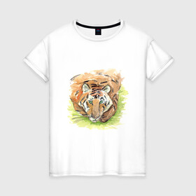 Женская футболка хлопок с принтом Портрет тигра с зелёными глазами в Тюмени, 100% хлопок | прямой крой, круглый вырез горловины, длина до линии бедер, слегка спущенное плечо | 2022 | глаза | животное | зверь | китайский календарь | кошка | новый год | оранжевый | полоски | символ года | тигр | хищник