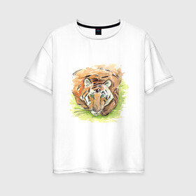 Женская футболка хлопок Oversize с принтом Портрет тигра с зелёными глазами в Тюмени, 100% хлопок | свободный крой, круглый ворот, спущенный рукав, длина до линии бедер
 | Тематика изображения на принте: 2022 | глаза | животное | зверь | китайский календарь | кошка | новый год | оранжевый | полоски | символ года | тигр | хищник