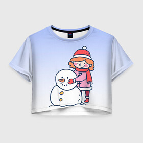 Женская футболка Crop-top 3D с принтом Девочка лепит снеговика в Тюмени, 100% полиэстер | круглая горловина, длина футболки до линии талии, рукава с отворотами | Тематика изображения на принте: 2022 | девочка | зима | зимние забавы | милота | рисунок | снег | снеговик | снежок | холод