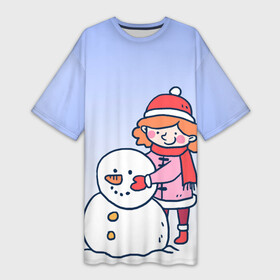 Платье-футболка 3D с принтом Девочка лепит снеговика в Тюмени,  |  | Тематика изображения на принте: 2022 | девочка | зима | зимние забавы | милота | рисунок | снег | снеговик | снежок | холод