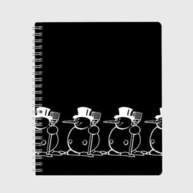 Тетрадь с принтом Снеговик на черном фоне в Тюмени, 100% бумага | 48 листов, плотность листов — 60 г/м2, плотность картонной обложки — 250 г/м2. Листы скреплены сбоку удобной пружинной спиралью. Уголки страниц и обложки скругленные. Цвет линий — светло-серый
 | Тематика изображения на принте: snowman | зима | минимализм | новый год | снеговик