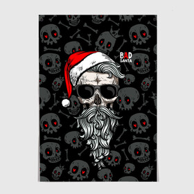 Постер с принтом Santa from Hell в Тюмени, 100% бумага
 | бумага, плотность 150 мг. Матовая, но за счет высокого коэффициента гладкости имеет небольшой блеск и дает на свету блики, но в отличии от глянцевой бумаги не покрыта лаком | beard | christmas | hipster | new year | red cap | red eyes | santa claus | santa from hell | skulls | борода | дед мороз | красные глаза | красный колпак | новый год | рождество | санта из ада | санта клаус | хипстер | черепа