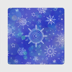 Магнит виниловый Квадрат с принтом Белые простые снежинки на синем фоне в Тюмени, полимерный материал с магнитным слоем | размер 9*9 см, закругленные углы | Тематика изображения на принте: белые снежинки | зимний | зимний паттерн | новогодний | паттерн со снежинками | светящееся снежинки | синий фон | снегопад | снегопад на синем фоне | снежинки | снежинки карандашом