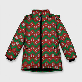 Зимняя куртка для девочек 3D с принтом Knitted Snowflake Pattern в Тюмени, ткань верха — 100% полиэстер; подклад — 100% полиэстер, утеплитель — 100% полиэстер. | длина ниже бедра, удлиненная спинка, воротник стойка и отстегивающийся капюшон. Есть боковые карманы с листочкой на кнопках, утяжки по низу изделия и внутренний карман на молнии. 

Предусмотрены светоотражающий принт на спинке, радужный светоотражающий элемент на пуллере молнии и на резинке для утяжки. | background | christmas | geometry | knitted pattern | new year | pattern | snowflakes | texture | вязаный узор | геометрия | новый год | паттерн | рождество | снежинки | текстура | узор | фон