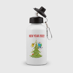 Бутылка спортивная с принтом Adventure Time 2022 Happy New Year в Тюмени, металл | емкость — 500 мл, в комплекте две пластиковые крышки и карабин для крепления | 2022 | adventure time | animation | new year | время приключений | новый год 2022