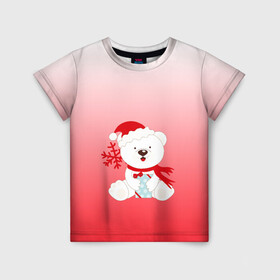 Детская футболка 3D с принтом Белый мишка с подарком в Тюмени, 100% гипоаллергенный полиэфир | прямой крой, круглый вырез горловины, длина до линии бедер, чуть спущенное плечо, ткань немного тянется | белый мишка | градиент | зима | коробочка | медведь | милота | нейтральный | новый год | подарок | полярный мишка | рисунок | снежинка | сюрприз | шапочка