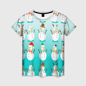 Женская футболка 3D с принтом Веселые снеговички узор в Тюмени, 100% полиэфир ( синтетическое хлопкоподобное полотно) | прямой крой, круглый вырез горловины, длина до линии бедер | 2022 | веселье | градиент | зима | новый год | праздники | снег | снеговики | снеговички | традиции | узор | узорчик