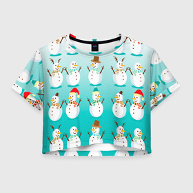 Женская футболка Crop-top 3D с принтом Веселые снеговички узор в Тюмени, 100% полиэстер | круглая горловина, длина футболки до линии талии, рукава с отворотами | 2022 | веселье | градиент | зима | новый год | праздники | снег | снеговики | снеговички | традиции | узор | узорчик