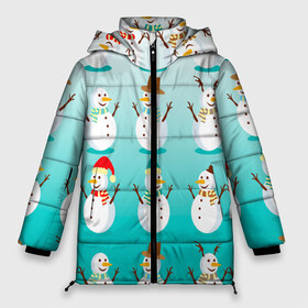 Женская зимняя куртка Oversize с принтом Веселые снеговички узор в Тюмени, верх — 100% полиэстер; подкладка — 100% полиэстер; утеплитель — 100% полиэстер | длина ниже бедра, силуэт Оверсайз. Есть воротник-стойка, отстегивающийся капюшон и ветрозащитная планка. 

Боковые карманы с листочкой на кнопках и внутренний карман на молнии | 2022 | веселье | градиент | зима | новый год | праздники | снег | снеговики | снеговички | традиции | узор | узорчик