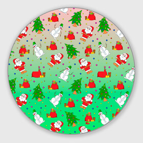 Круглый коврик для мышки с принтом Новогодний узор елка санта в Тюмени, резина и полиэстер | круглая форма, изображение наносится на всю лицевую часть | 2022 | градиент | елки | новый год | праздник | радость | санта | узор | шаблон