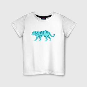 Детская футболка хлопок с принтом водяной тигр 2022 в Тюмени, 100% хлопок | круглый вырез горловины, полуприлегающий силуэт, длина до линии бедер | 2022зима | blue water tiger | year of the tiger | водный тигр | год тигра | ёлка | кошка | новыйгод | синие полоски | тигр