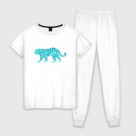 Женская пижама хлопок с принтом водяной тигр 2022 в Тюмени, 100% хлопок | брюки и футболка прямого кроя, без карманов, на брюках мягкая резинка на поясе и по низу штанин | 2022зима | blue water tiger | year of the tiger | водный тигр | год тигра | ёлка | кошка | новыйгод | синие полоски | тигр