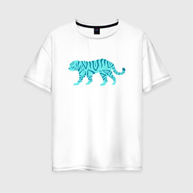 Женская футболка хлопок Oversize с принтом водяной тигр 2022 в Тюмени, 100% хлопок | свободный крой, круглый ворот, спущенный рукав, длина до линии бедер
 | 2022зима | blue water tiger | year of the tiger | водный тигр | год тигра | ёлка | кошка | новыйгод | синие полоски | тигр