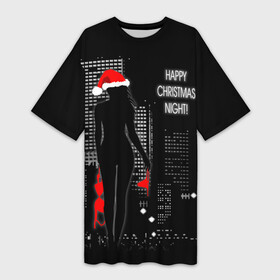 Платье-футболка 3D с принтом Happy Christmas Night в Тюмени,  |  | christmas | happy christmas night | naked snow maiden | new year | night city | silhouette | новый год | ночной город | рождество | силуэт
