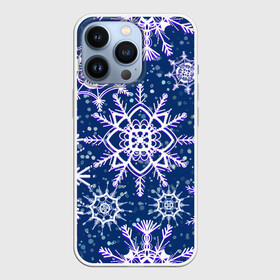 Чехол для iPhone 13 Pro с принтом Белые снежинки на темно синем фоне в Тюмени,  |  | белое на темном | белые снежинки | зима | зимний мотив | зимний паттерн | зимний узор | зимняя | падают снежинки | паттерн снежинки | снег | снегопад | снежинки | снежная | темно синий