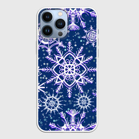 Чехол для iPhone 13 Pro Max с принтом Белые снежинки на темно синем фоне в Тюмени,  |  | Тематика изображения на принте: белое на темном | белые снежинки | зима | зимний мотив | зимний паттерн | зимний узор | зимняя | падают снежинки | паттерн снежинки | снег | снегопад | снежинки | снежная | темно синий