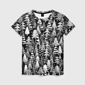 Женская футболка 3D с принтом Лес абстрактных ёлок в Тюмени, 100% полиэфир ( синтетическое хлопкоподобное полотно) | прямой крой, круглый вырез горловины, длина до линии бедер | абстракция | ёлка | ель | лес | новогодний | новый год | паттерн | рождество | снег | снежинки | чернобелый