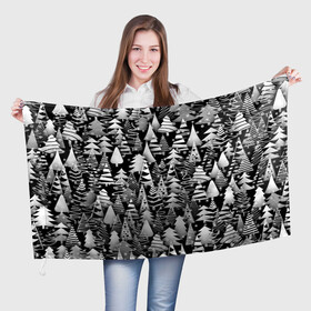 Флаг 3D с принтом Лес абстрактных ёлок в Тюмени, 100% полиэстер | плотность ткани — 95 г/м2, размер — 67 х 109 см. Принт наносится с одной стороны | абстракция | ёлка | ель | лес | новогодний | новый год | паттерн | рождество | снег | снежинки | чернобелый