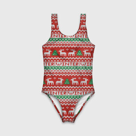 Детский купальник 3D с принтом Deer Christmas Pattern в Тюмени, Полиэстер 85%, Спандекс 15% | Слитный крой, подклад по переду изделия, узкие бретели | Тематика изображения на принте: background | christmas | christmas pattern | deer | herringbone | holiday | knitted pattern | new year | pattern | texture | tree | вязаный узор | елка | елочка | новогодний узор | новый год | олени | паттерн | праздник | рождество | текстура | узор | фон