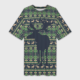 Платье-футболка 3D с принтом Лось на вязанном фоне в Тюмени,  |  | вышивка | вязаное | дикий. | животное | лес | лось | паттерн | узор