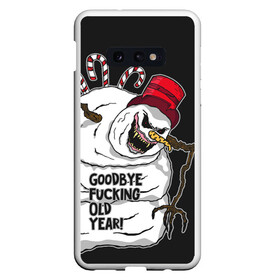 Чехол для Samsung S10E с принтом Goodbye fucking old year в Тюмени, Силикон | Область печати: задняя сторона чехла, без боковых панелей | Тематика изображения на принте: christmas | fangs | halloween | new year | predatory | red eyes | scary | snowman | terrible | досвидания старый год | клыки | красные глаза | новый год | рождество | снеговик | страшный | ужасный | хищный | хэллоуин