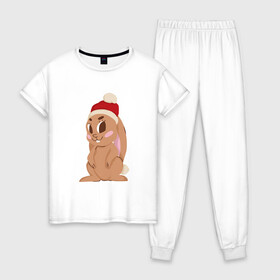 Женская пижама хлопок с принтом Новогодний зайчик 2022 в Тюмени, 100% хлопок | брюки и футболка прямого кроя, без карманов, на брюках мягкая резинка на поясе и по низу штанин | 2022 | заяц | кролик | новый год