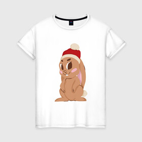 Женская футболка хлопок с принтом Новогодний зайчик 2022 в Тюмени, 100% хлопок | прямой крой, круглый вырез горловины, длина до линии бедер, слегка спущенное плечо | Тематика изображения на принте: 2022 | заяц | кролик | новый год