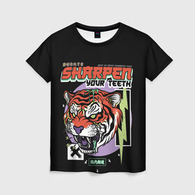 Женская футболка 3D с принтом Поточи зубки тигр 2022 в Тюмени, 100% полиэфир ( синтетическое хлопкоподобное полотно) | прямой крой, круглый вырез горловины, длина до линии бедер | 2022 | sharpen your teeth | год тигра | зубы | поточи | тигр