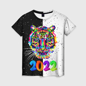 Женская футболка 3D с принтом НОВЫЙ ГОД 2022   НОВОГОДНИЙ ТИГР   ПОП АРТ   POP ART в Тюмени, 100% полиэфир ( синтетическое хлопкоподобное полотно) | прямой крой, круглый вырез горловины, длина до линии бедер | 2021 | 2022 | happy new year | merry christmas | new year | snow | tiger | winter | year of the tiger | год тигра | зверь | зима | новогоднее настроение | новогодние праздники | новый год | рождество | символ года | синий тигр | снег | хищн