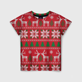 Детская футболка 3D с принтом вязаный принт с оленями в Тюмени, 100% гипоаллергенный полиэфир | прямой крой, круглый вырез горловины, длина до линии бедер, чуть спущенное плечо, ткань немного тянется | christmas | deer | knitted | new year | print | red | snow | trees | white | wintry | белый | вязаный | елки | зимний | красный | новый год | олени | олень | принт | рождество | снег | снежинка