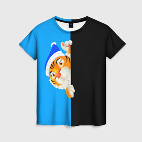 Женская футболка 3D с принтом новый год | 2022 тигр в Тюмени, 100% полиэфир ( синтетическое хлопкоподобное полотно) | прямой крой, круглый вырез горловины, длина до линии бедер | 2022 | merry christmas | год тигра | нг | новогодний тигр | новогодняя символика | новый год | рождество | символ 2022 года | снежинки | тигр