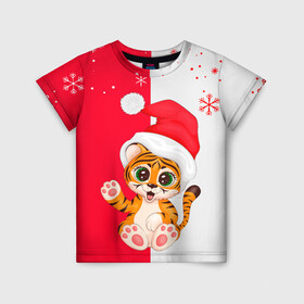 Детская футболка 3D с принтом НОВЫЙ ГОД | ТИГР | СНЕЖИНКИ в Тюмени, 100% гипоаллергенный полиэфир | прямой крой, круглый вырез горловины, длина до линии бедер, чуть спущенное плечо, ткань немного тянется | 2022 | merry christmas | год тигра | нг | новогодний тигр | новогодняя символика | новый год | рождество | символ 2022 года | снежинки | тигр