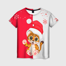 Женская футболка 3D с принтом НОВЫЙ ГОД | ТИГР | СНЕЖИНКИ в Тюмени, 100% полиэфир ( синтетическое хлопкоподобное полотно) | прямой крой, круглый вырез горловины, длина до линии бедер | 2022 | merry christmas | год тигра | нг | новогодний тигр | новогодняя символика | новый год | рождество | символ 2022 года | снежинки | тигр