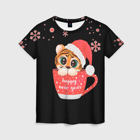 Женская футболка 3D с принтом НОВОГОДНИЙ ТИГРЕНОК (2022) в Тюмени, 100% полиэфир ( синтетическое хлопкоподобное полотно) | прямой крой, круглый вырез горловины, длина до линии бедер | 2022 | merry christmas | год тигра | новогодний тигр | новый год | символ 2022 года | снежинки | тигр