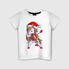 Детская футболка хлопок с принтом Новогодний Единорог Даб в Тюмени, 100% хлопок | круглый вырез горловины, полуприлегающий силуэт, длина до линии бедер | Тематика изображения на принте: christmas | dabbing | santa | unicorn | даббинг | дед мороз | единорог | новый год | радуга | радужный | рождество | санта | снежинка | юникорн