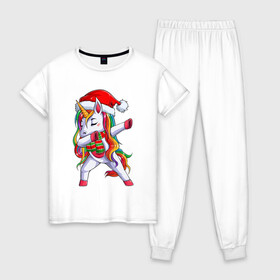 Женская пижама хлопок с принтом Новогодний Единорог Даб в Тюмени, 100% хлопок | брюки и футболка прямого кроя, без карманов, на брюках мягкая резинка на поясе и по низу штанин | Тематика изображения на принте: christmas | dabbing | santa | unicorn | даббинг | дед мороз | единорог | новый год | радуга | радужный | рождество | санта | снежинка | юникорн