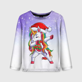 Детский лонгслив 3D с принтом Xmas Unicorn Dabbing   Рождественский Единорог Даб в Тюмени, 100% полиэстер | длинные рукава, круглый вырез горловины, полуприлегающий силуэт
 | christmas | dabbing | santa | unicorn | даббинг | дед мороз | единорог | зима | новый год | радуга | радужный | рождество | санта | снег | снежинка | юникорн