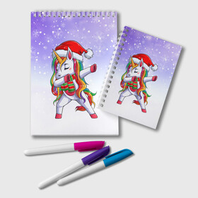 Блокнот с принтом Xmas Unicorn Dabbing   Рождественский Единорог Даб в Тюмени, 100% бумага | 48 листов, плотность листов — 60 г/м2, плотность картонной обложки — 250 г/м2. Листы скреплены удобной пружинной спиралью. Цвет линий — светло-серый
 | christmas | dabbing | santa | unicorn | даббинг | дед мороз | единорог | зима | новый год | радуга | радужный | рождество | санта | снег | снежинка | юникорн