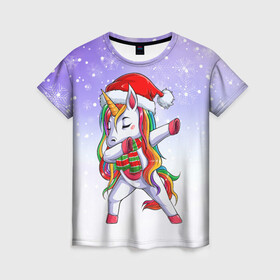 Женская футболка 3D с принтом Xmas Unicorn Dabbing   Рождественский Единорог Даб в Тюмени, 100% полиэфир ( синтетическое хлопкоподобное полотно) | прямой крой, круглый вырез горловины, длина до линии бедер | christmas | dabbing | santa | unicorn | даббинг | дед мороз | единорог | зима | новый год | радуга | радужный | рождество | санта | снег | снежинка | юникорн